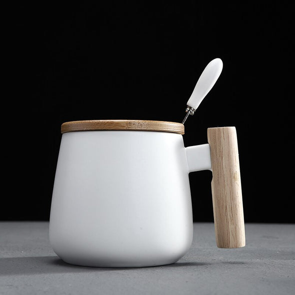 Nordic Style Black White Fat Body Coffee Mug with Wooden Handle