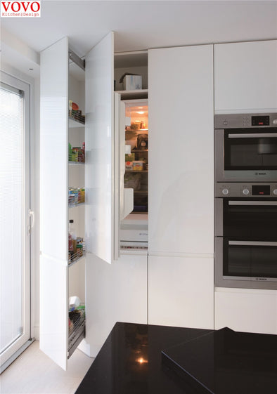 Modern style pantry kitchen cabinets in glossy white color